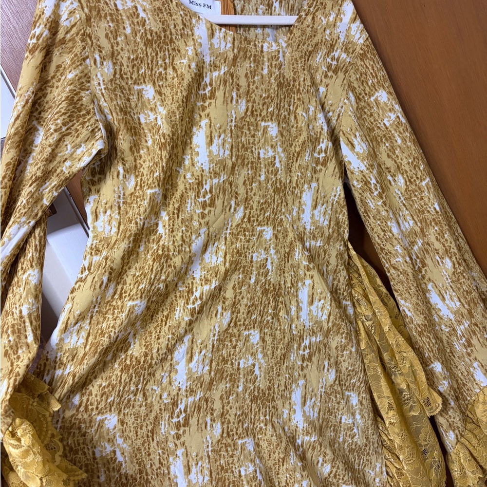 Unique yellow lace long sleeve maxi dress